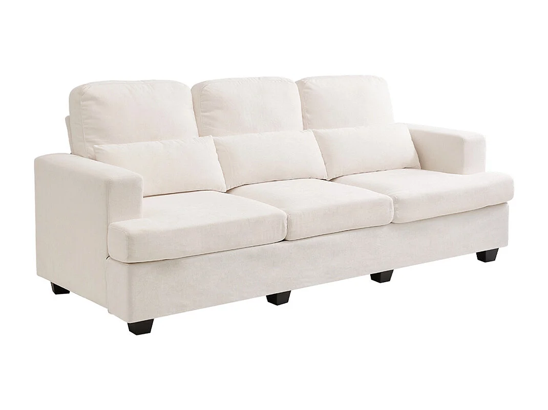 Beige White Chenille 3-Seater Sofa with Throw Pillows