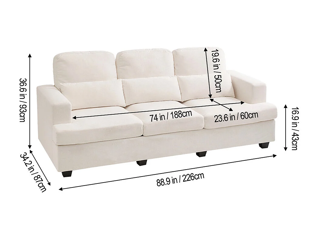 Beige White Chenille 3-Seater Sofa with Throw Pillows