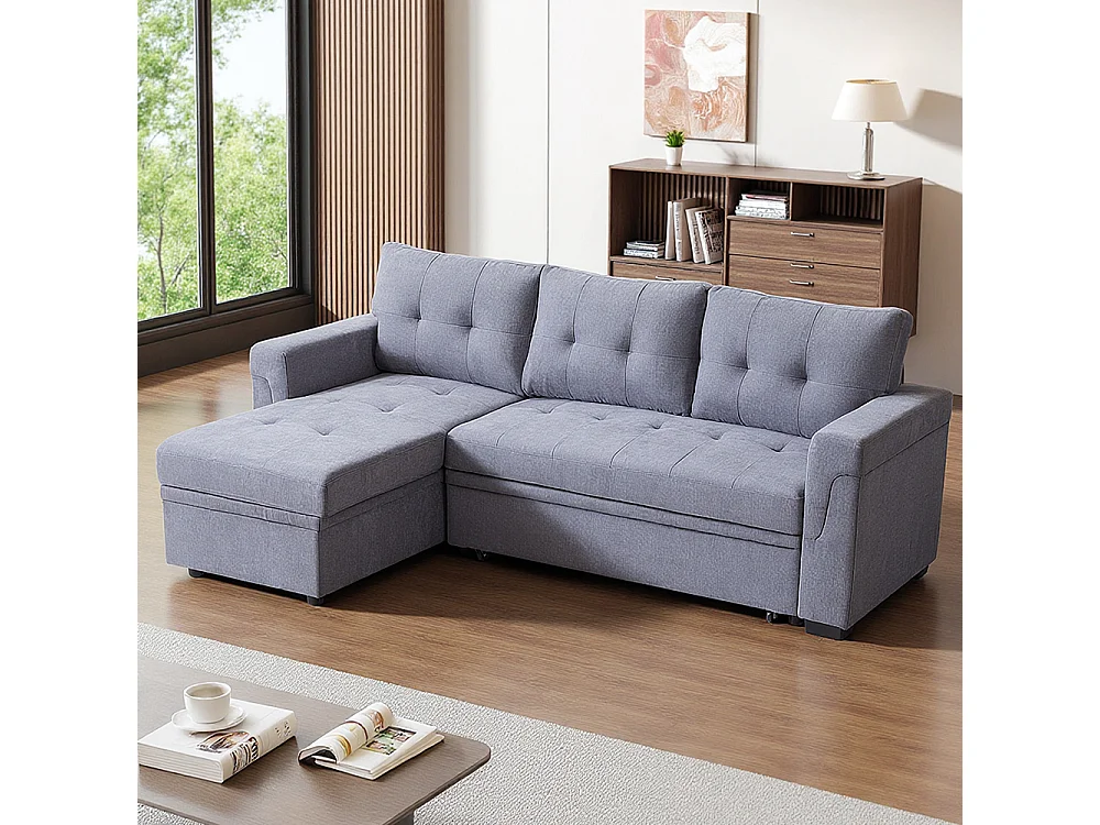 Grey L Shape 3-Seater Corner Sofa Bed with Reversible Chaise & Storage