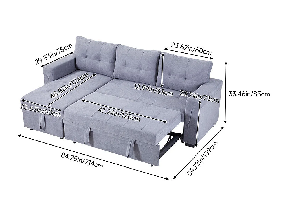 Grey L Shape 3-Seater Corner Sofa Bed with Reversible Chaise & Storage