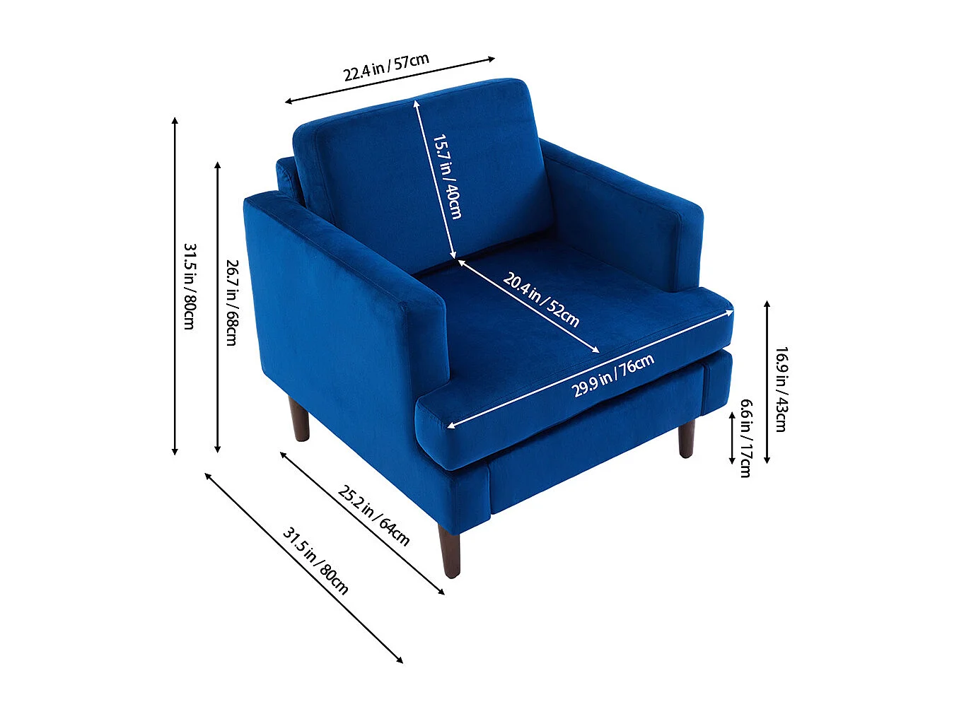 Mid-Century 1 Seater Sofa with Soft Cushion Seat & Back Support - Blue