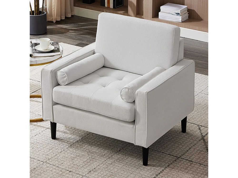 Mid-Century 1 Seater Armchair with Bolster Pillows - Beige