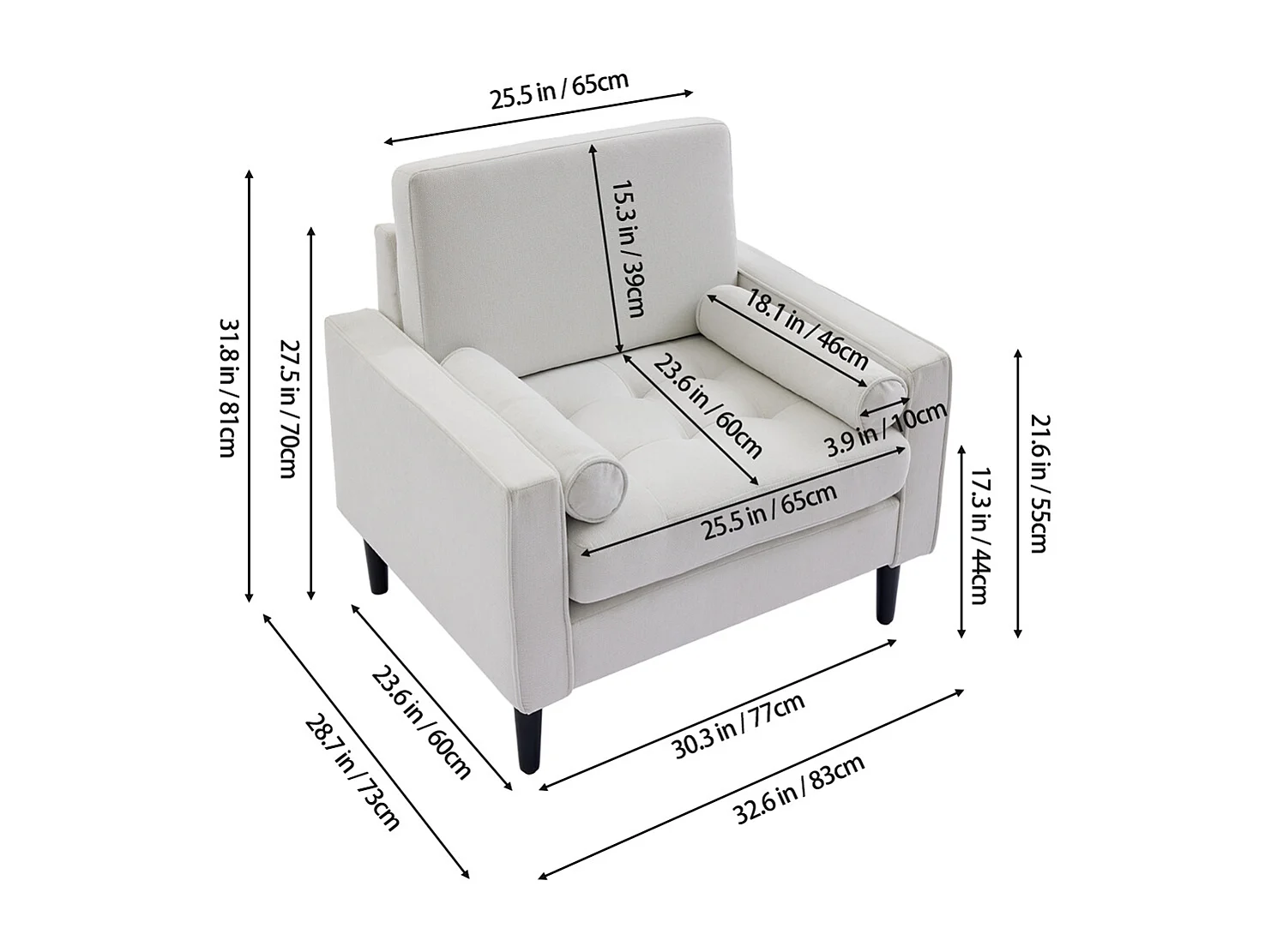 Mid-Century 1 Seater Armchair with Bolster Pillows - Beige