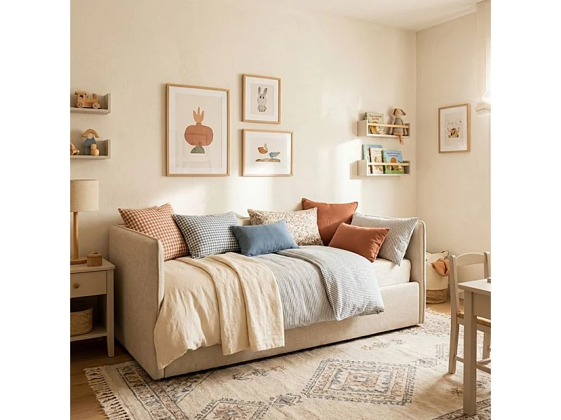 Lit tapissé avec rangement aggloméré beige 74x202x102cm