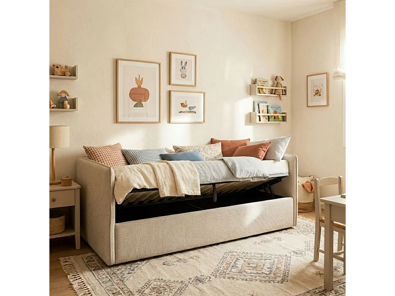 Lit tapissé avec rangement aggloméré beige 74x202x102cm