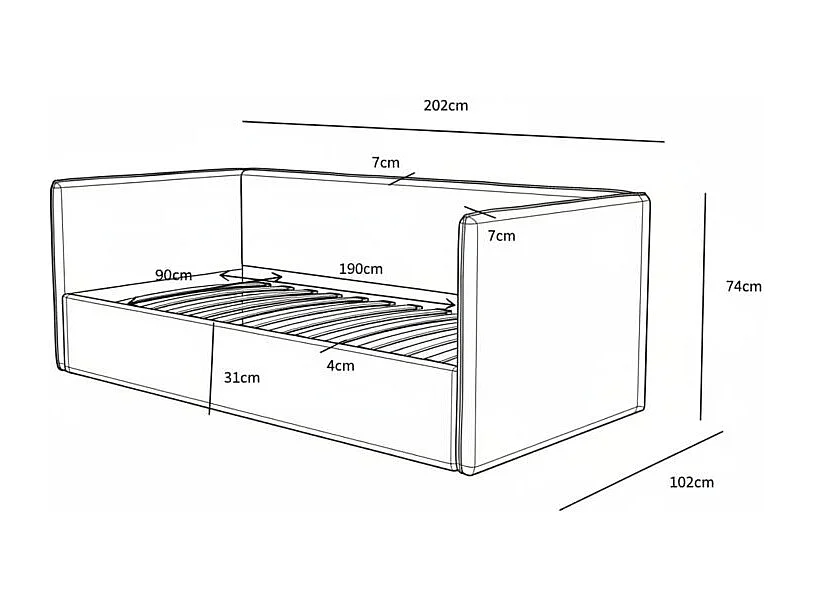 Lit tapissé avec rangement aggloméré beige 74x202x102cm