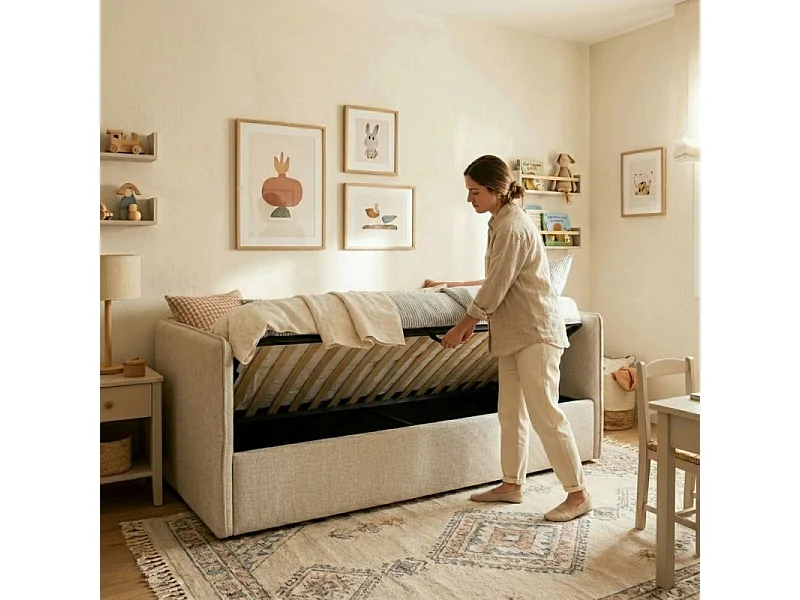 Cama estofada com armazenamento bege 90x190cm