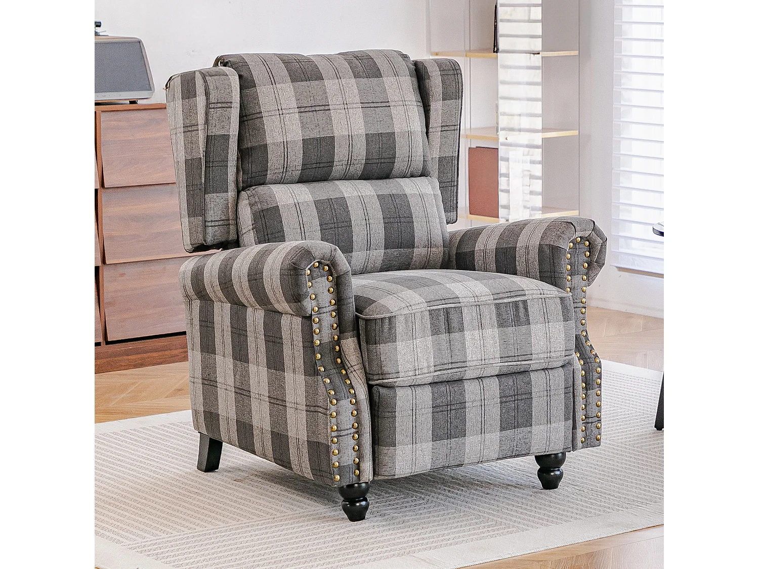 Plaid Linen Wingback Recliner Armchair with Footrest - Grey & Black