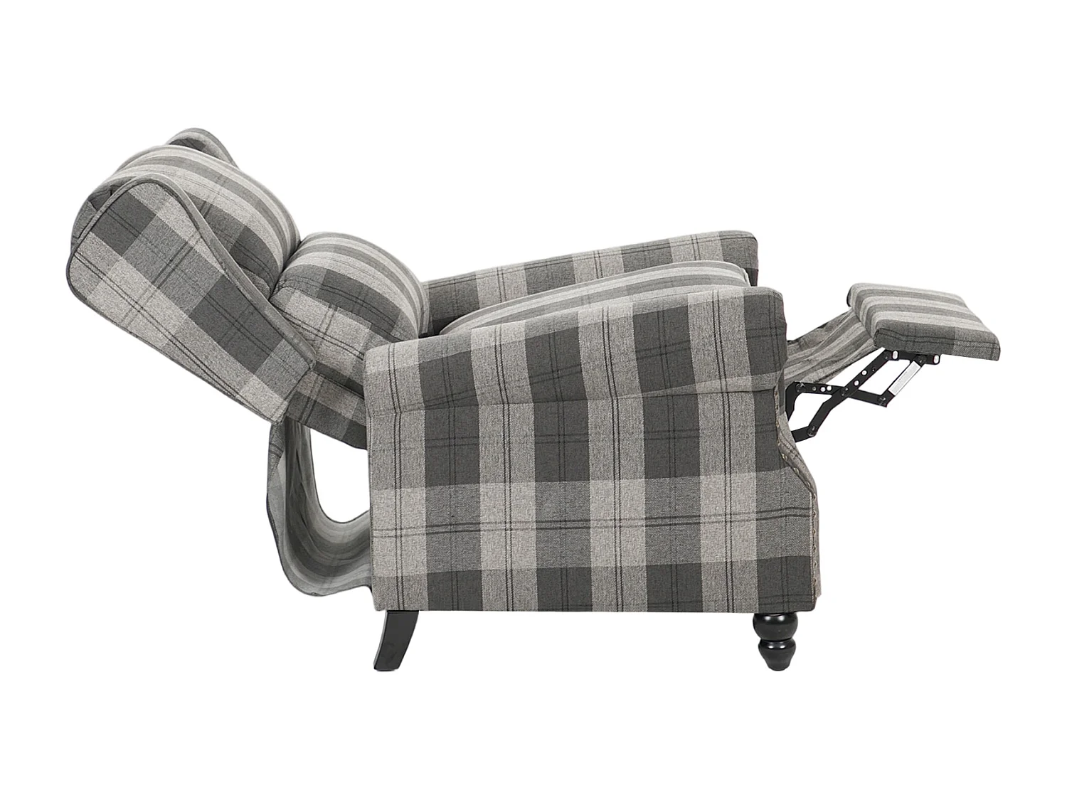 Plaid Linen Wingback Recliner Armchair with Footrest - Grey & Black