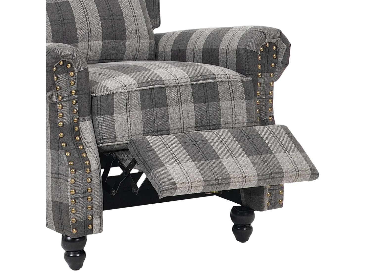 Plaid Linen Wingback Recliner Armchair with Footrest - Grey & Black