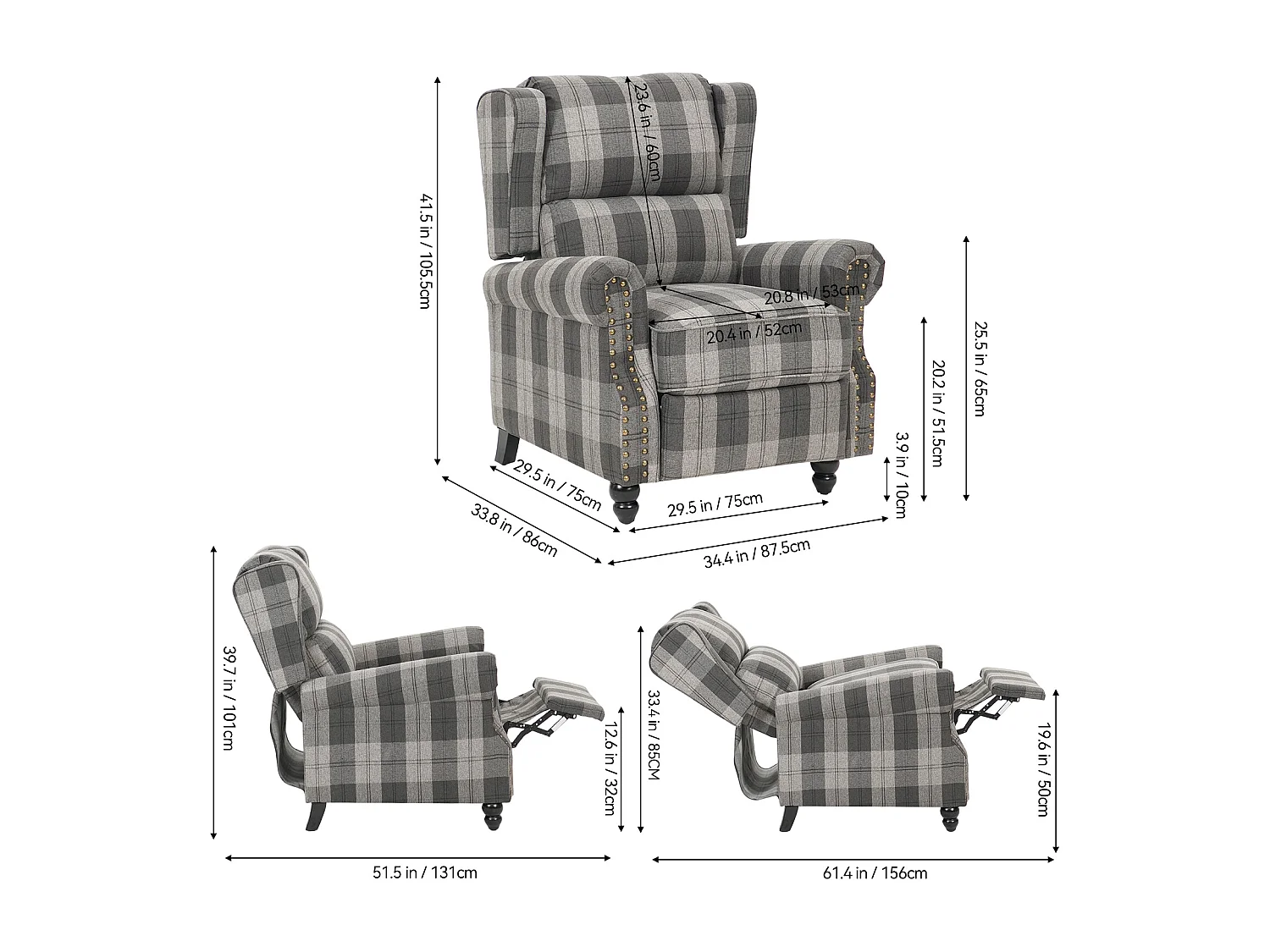 Plaid Linen Wingback Recliner Armchair with Footrest - Grey & Black