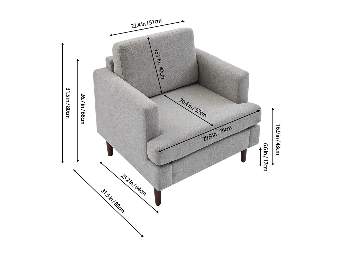 Mid-Century 1 Seater Sofa with Soft Cushion Seat & Back Support - Light Grey