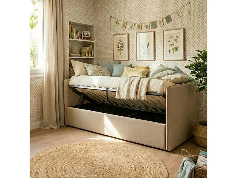 Lit tapissé avec rangement aggloméré marron 74x202x102cm