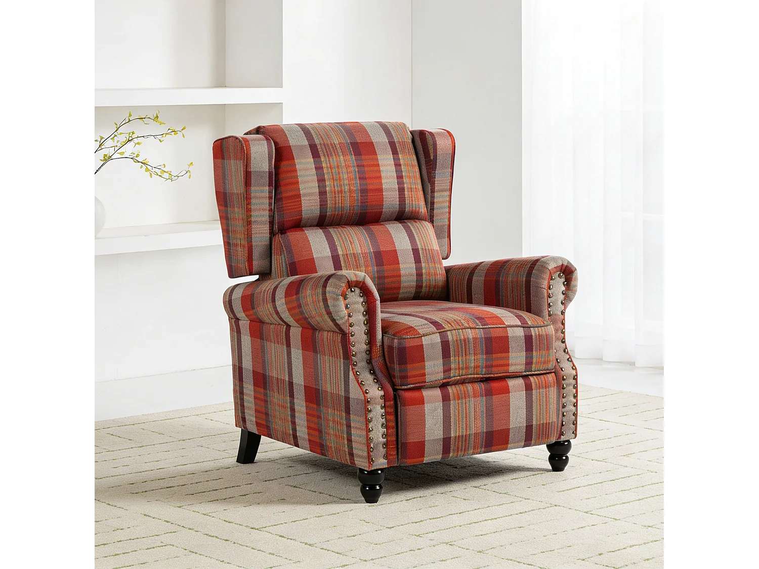 Plaid Linen Wingback Recliner Armchair with Footrest - Red