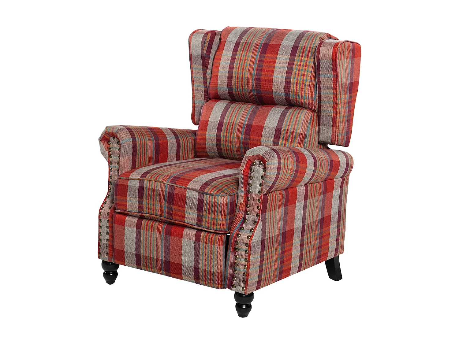 Plaid Linen Wingback Recliner Armchair with Footrest - Red