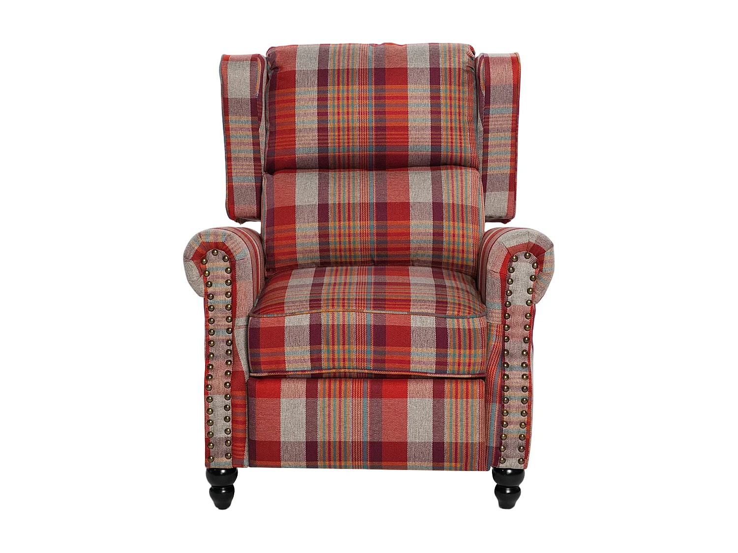 Plaid Linen Wingback Recliner Armchair with Footrest - Red