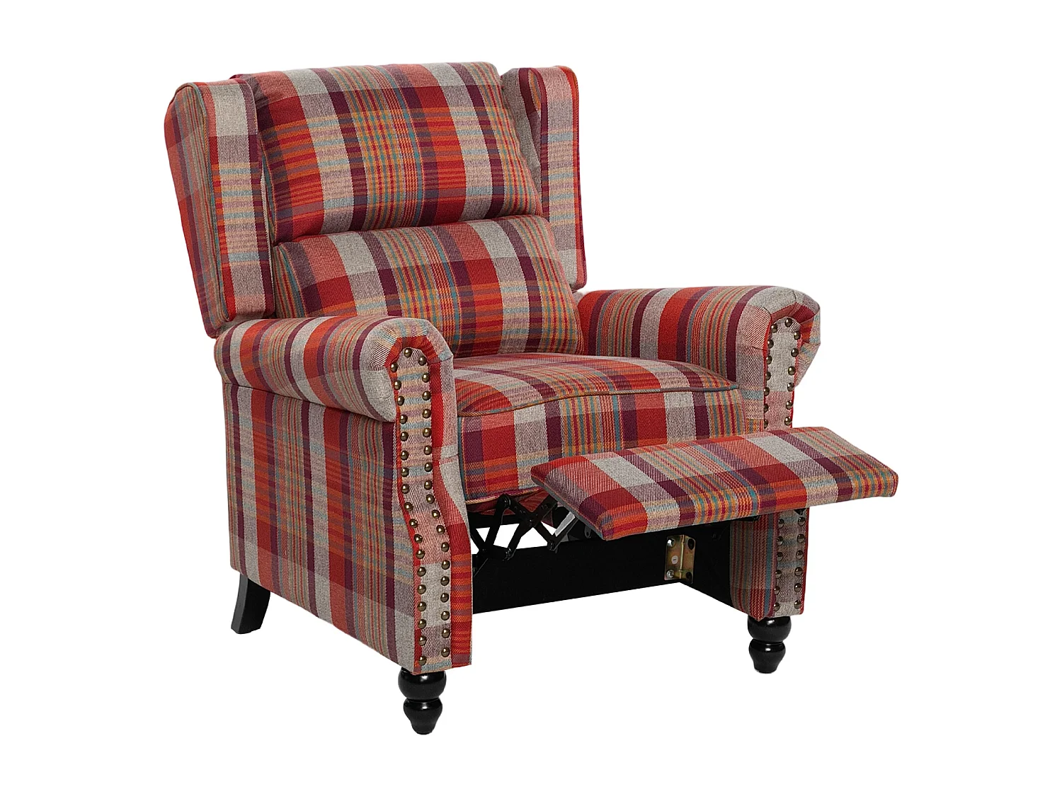 Plaid Linen Wingback Recliner Armchair with Footrest - Red