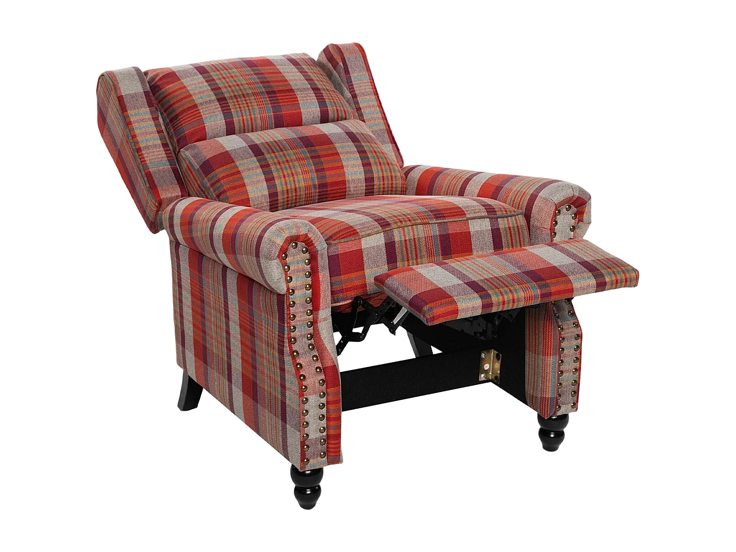 Plaid Linen Wingback Recliner Armchair with Footrest - Red
