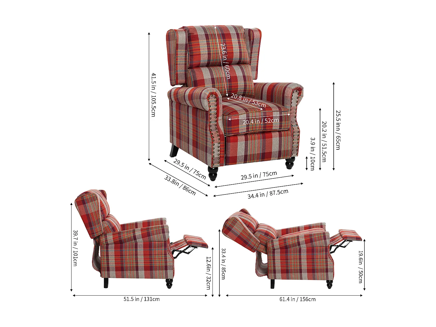 Plaid Linen Wingback Recliner Armchair with Footrest - Red