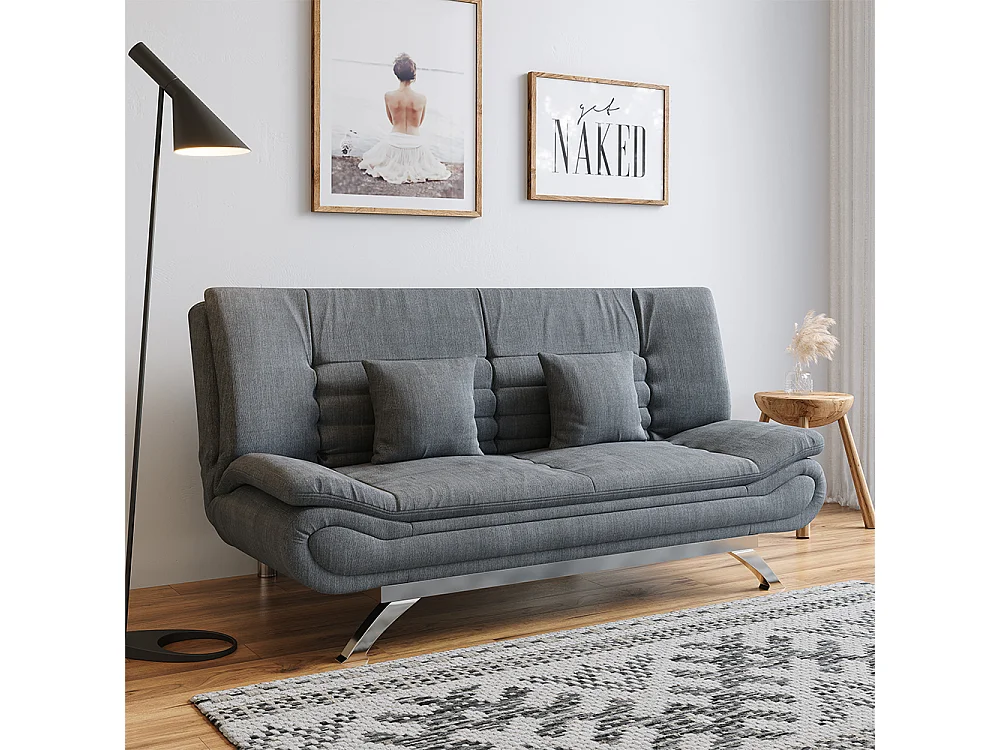 Grey Linen 2-Seater Convertible Sofa Bed with Cushions