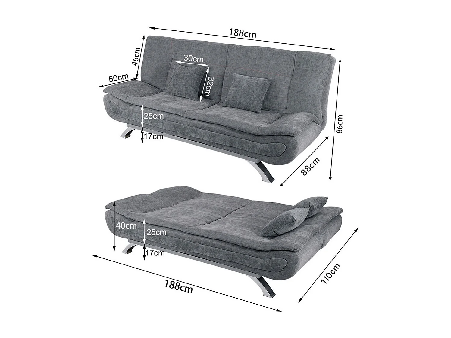 Grey Linen 2-Seater Convertible Sofa Bed with Cushions
