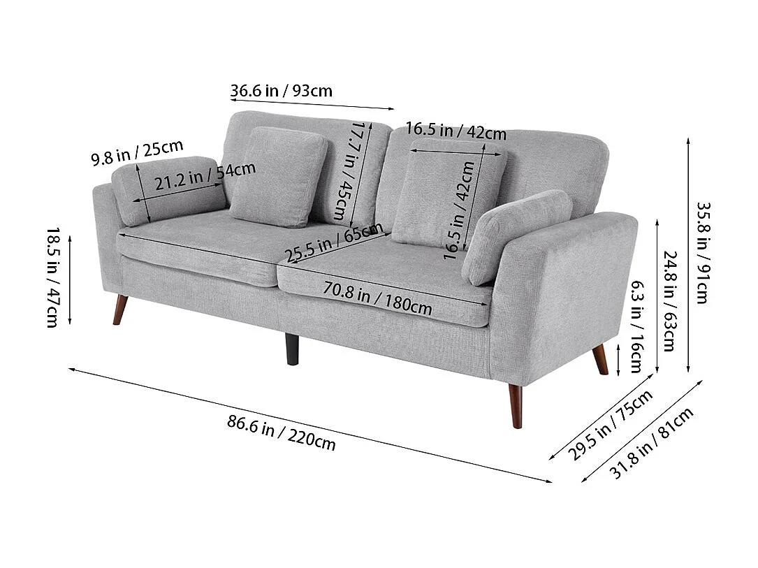 Chenille 2-Seater Sofa with Throw Pillows - Grey