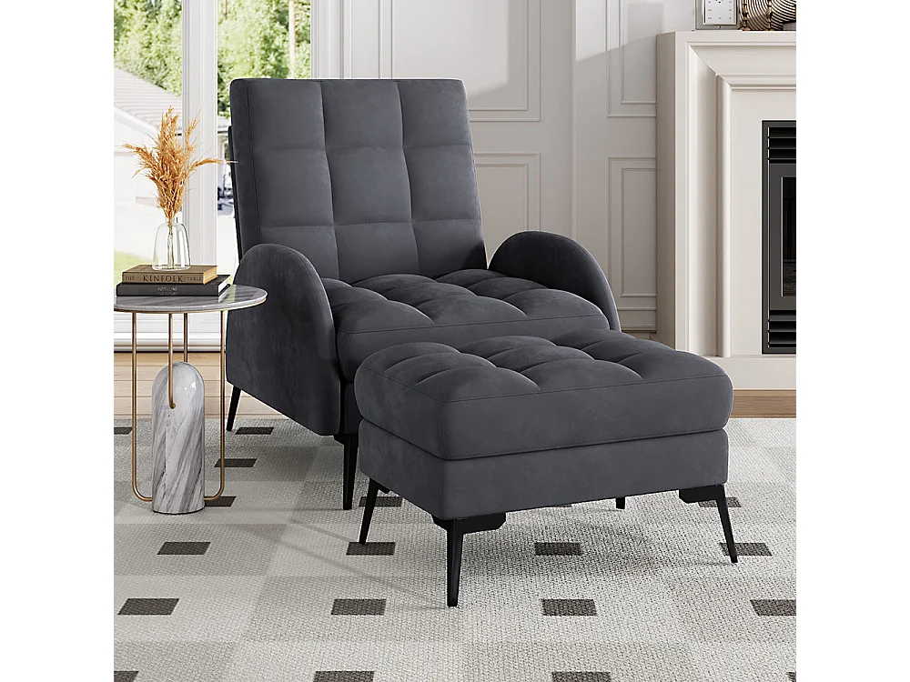 Frosted Velvet Leisure Recliner with Footstool - Grey