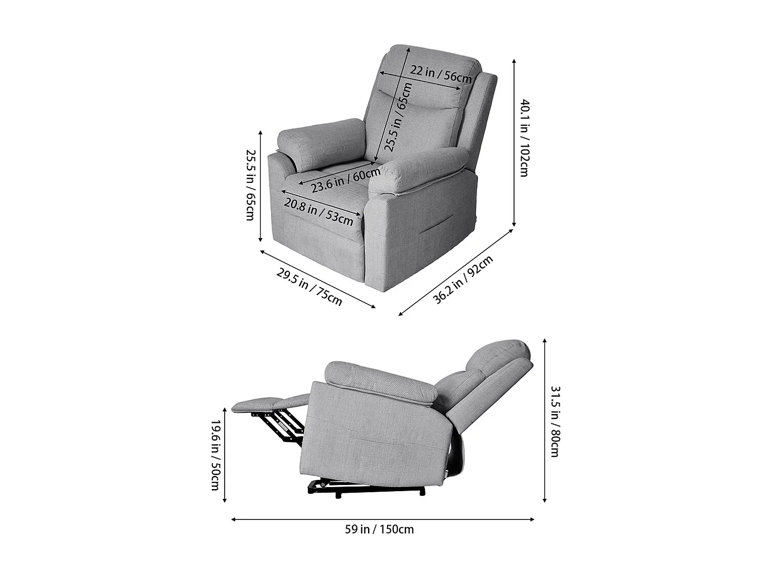 Chenille 1 Seater Reclining Sofa with Footrest - Grey