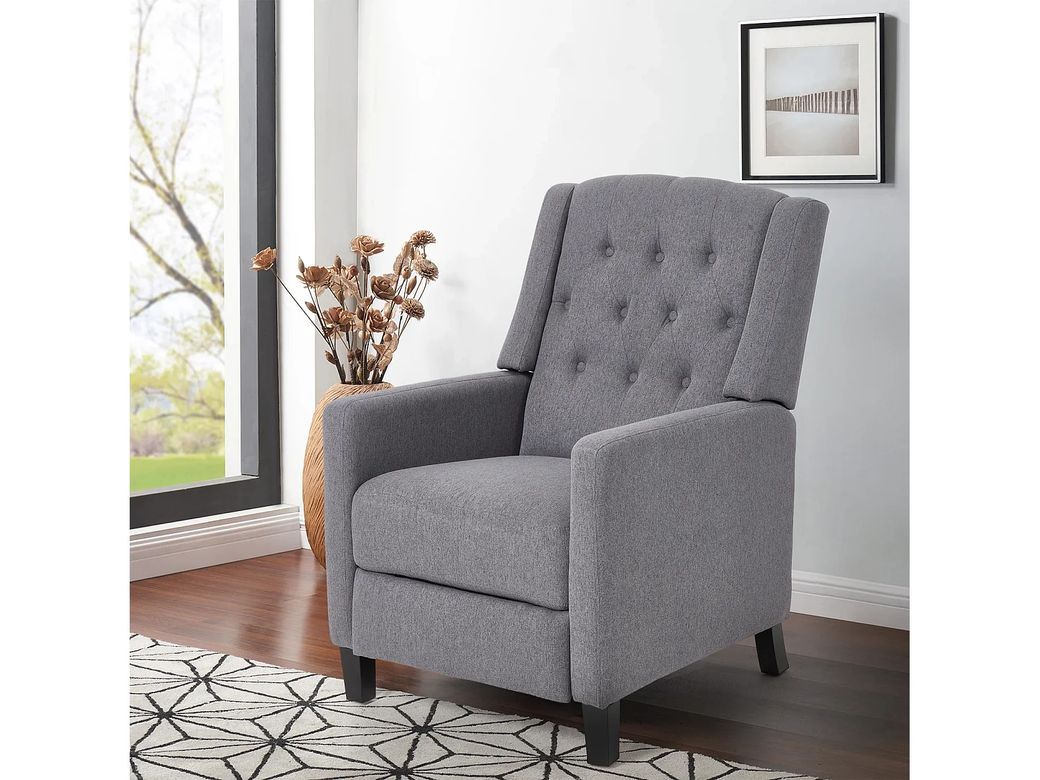 Grey Linen Button Tufted 140° Pushback Recliner Armchair with Footrest
