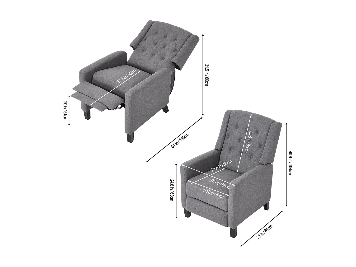 Grey Linen Button Tufted 140° Pushback Recliner Armchair with Footrest