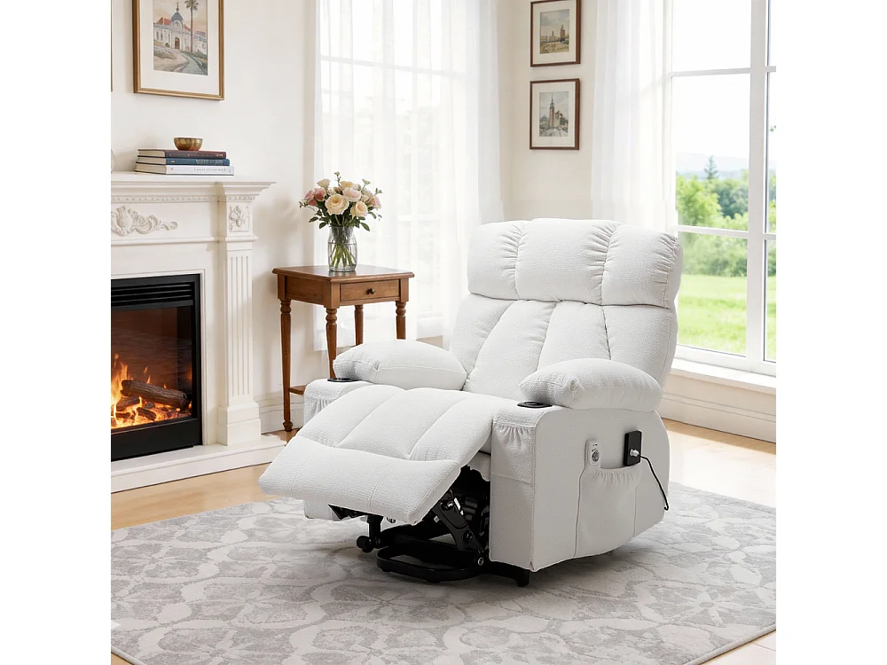 White Chenille Power Lift Recliner Armchair with Massage & Heat