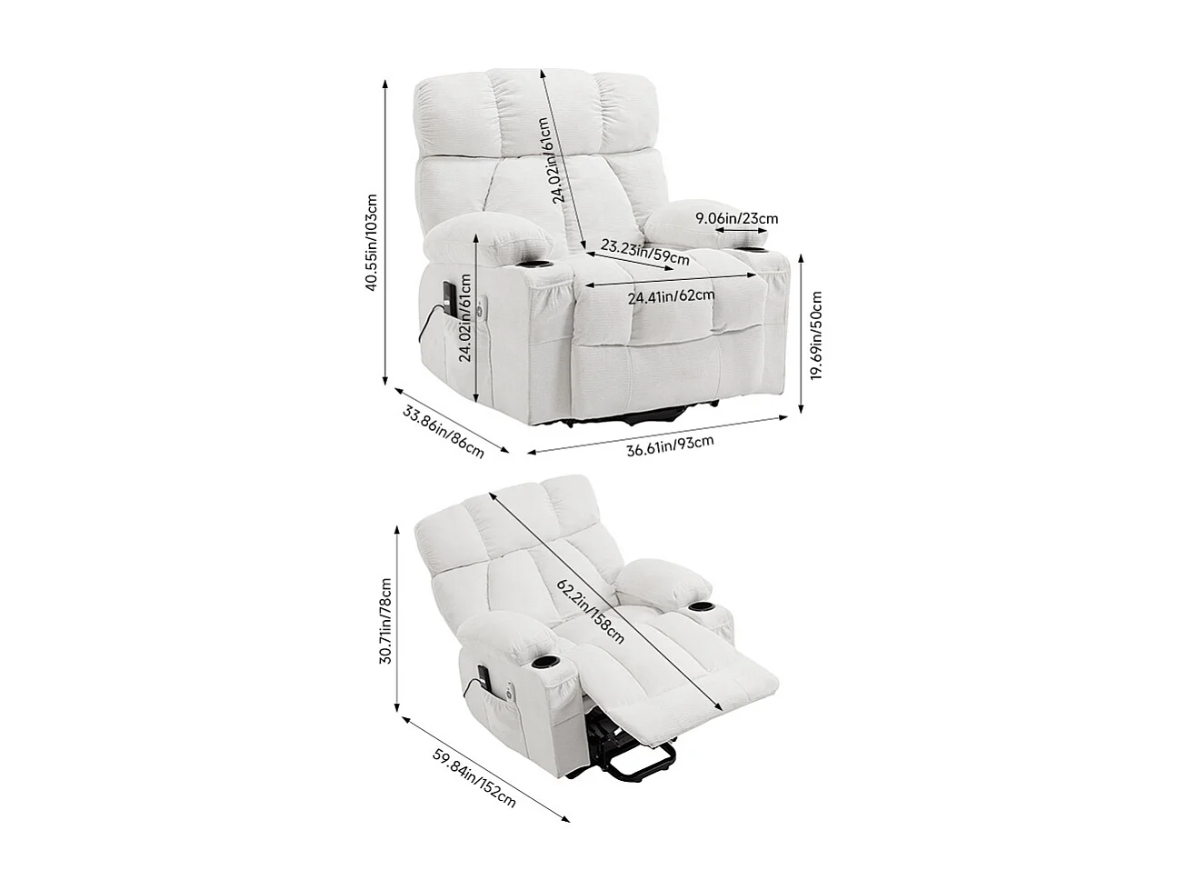 White Chenille Power Lift Recliner Armchair with Massage & Heat