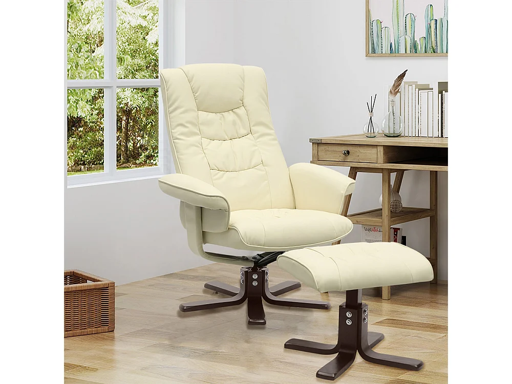 Beige PU Leather 360° Swivel Recliner Armchair with Footstool