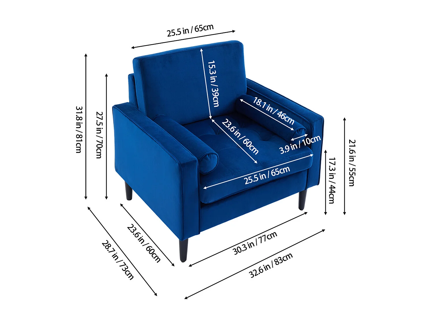 Mid-Century 1 Seater Armchair with Bolster Pillows - Blue