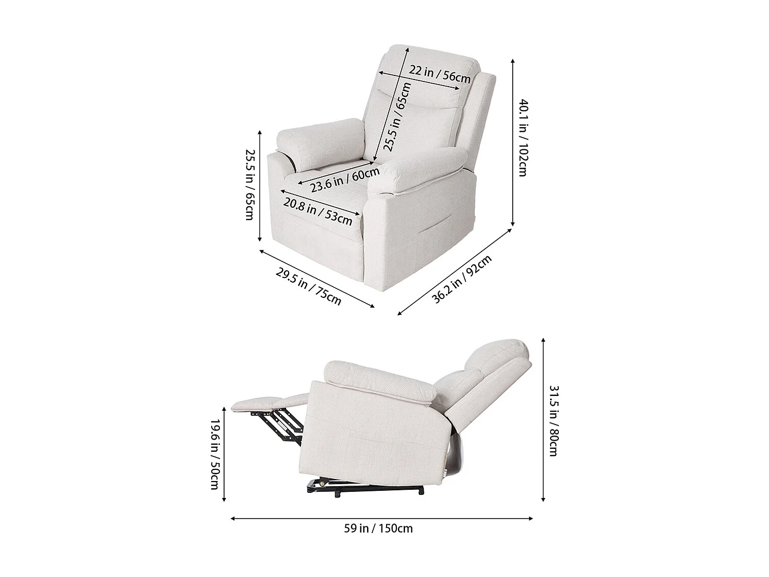 Chenille 1 Seater Reclining Sofa with Footrest - Beige White