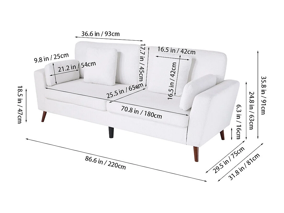 Chenille 2-Seater Sofa with Throw Pillows - White