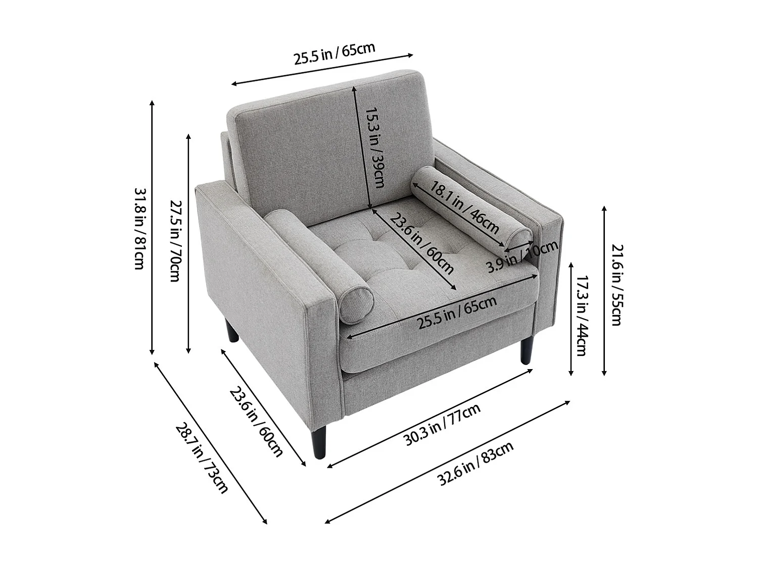 Mid-Century 1 Seater Armchair with Bolster Pillows - Grey