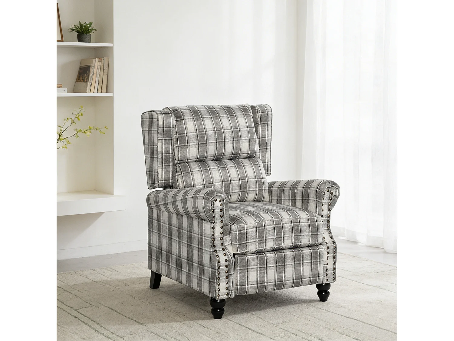 Plaid Linen Wingback Recliner Armchair with Footrest - Grey Beige
