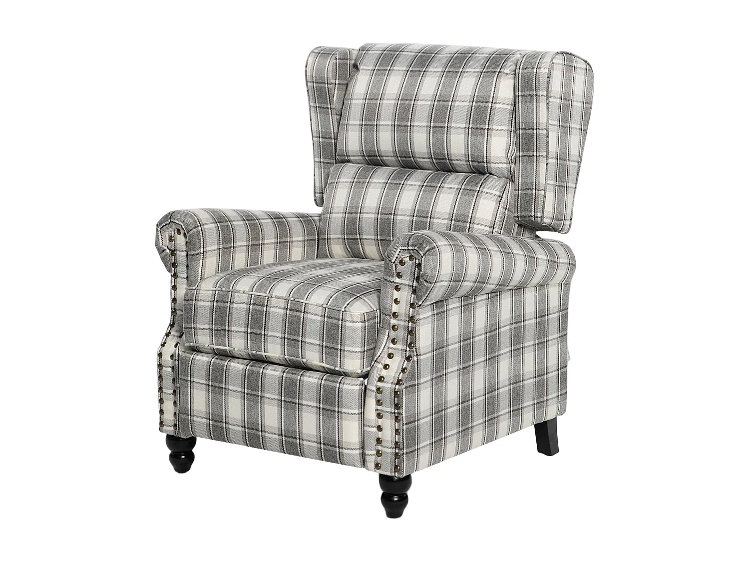 Plaid Linen Wingback Recliner Armchair with Footrest - Grey Beige