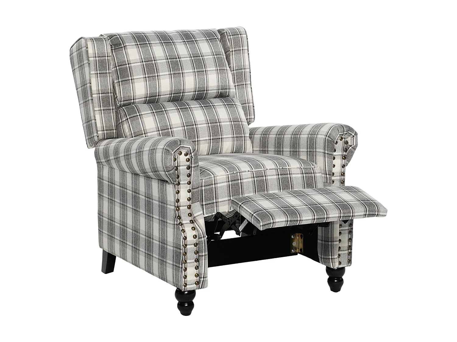 Plaid Linen Wingback Recliner Armchair with Footrest - Grey Beige
