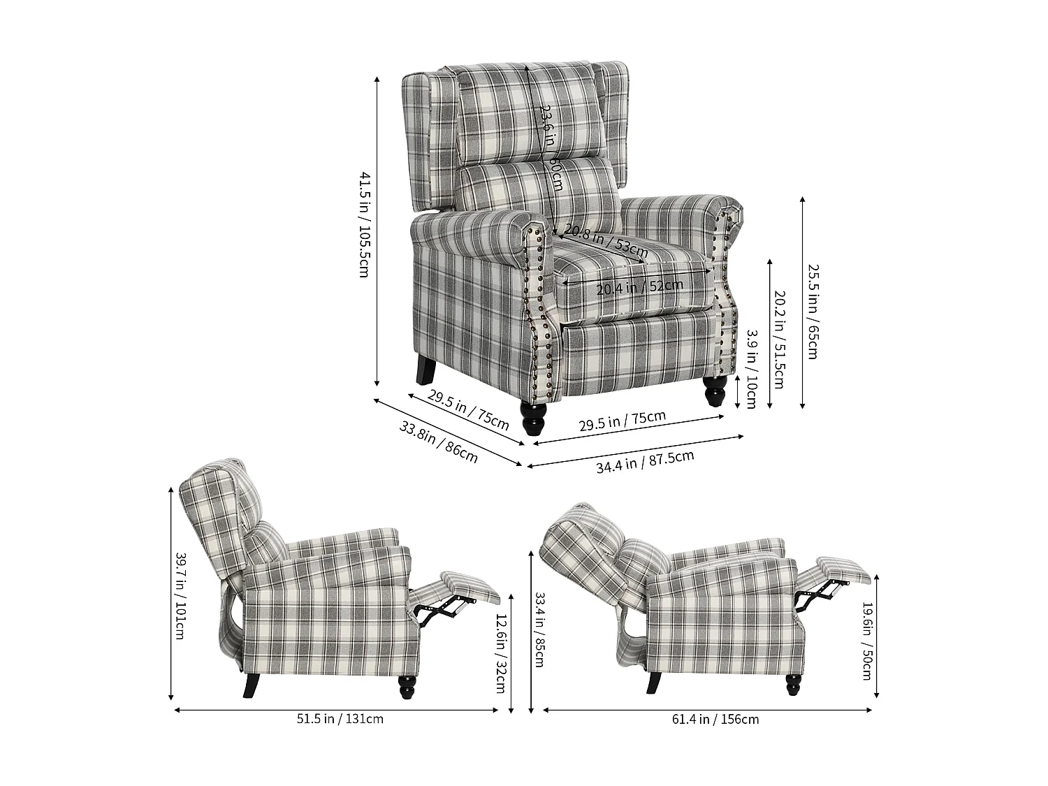 Plaid Linen Wingback Recliner Armchair with Footrest - Grey Beige