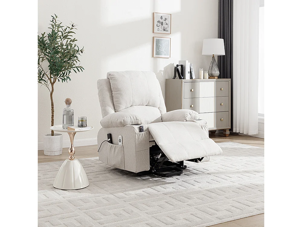 Oatmeal Chenille Power Lift Recliner Armchair with Massage & Heat