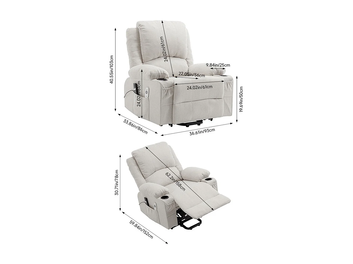 Oatmeal Chenille Power Lift Recliner Armchair with Massage & Heat