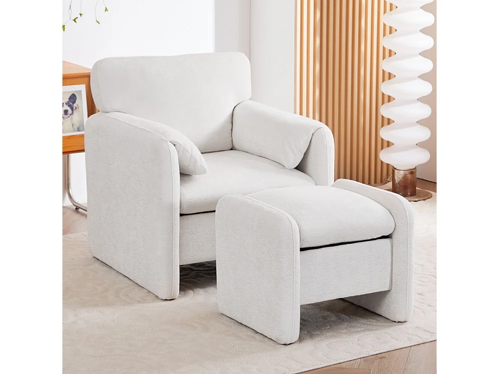 Modern Chenille Upholstered Sofa Chair with Footstool - White