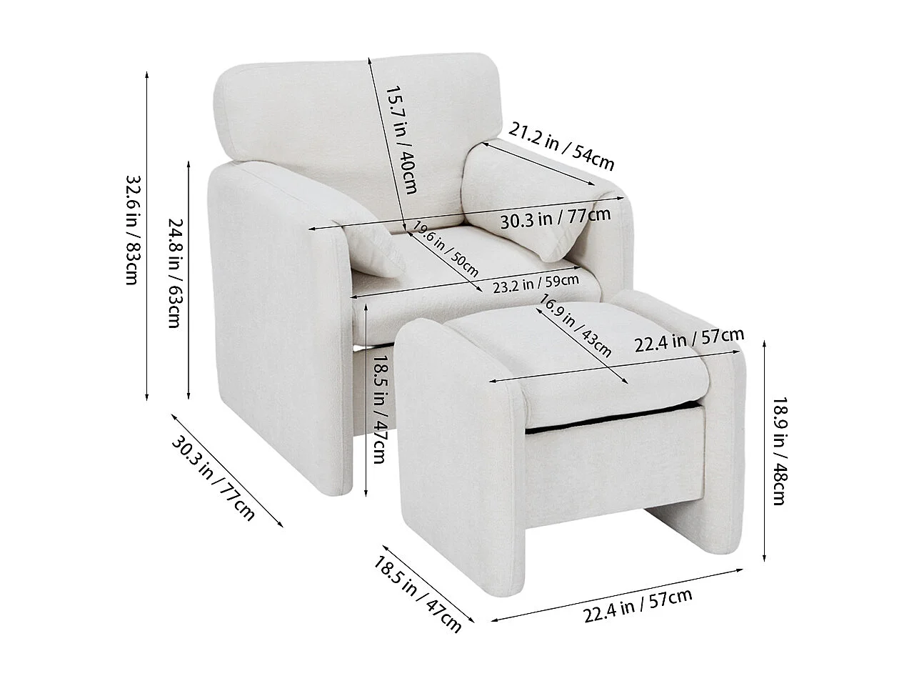 Modern Chenille Upholstered Sofa Chair with Footstool - White