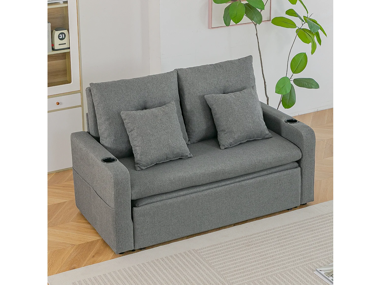 Grey Linen 2-Seater Sofa Bed with Cup Holders & Pillows