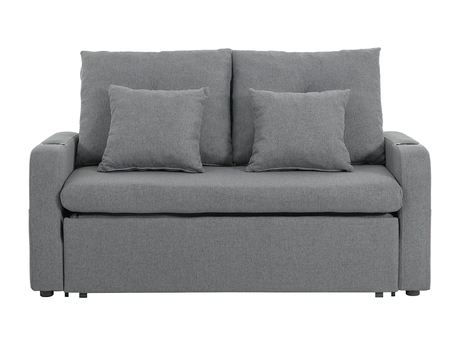 Grey Linen 2-Seater Sofa Bed with Cup Holders & Pillows