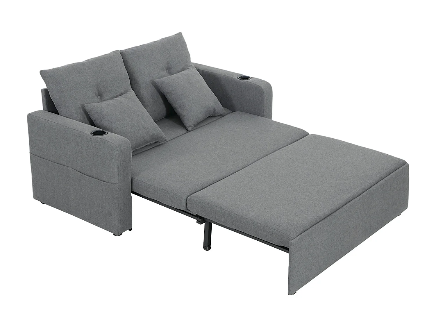 Grey Linen 2-Seater Sofa Bed with Cup Holders & Pillows