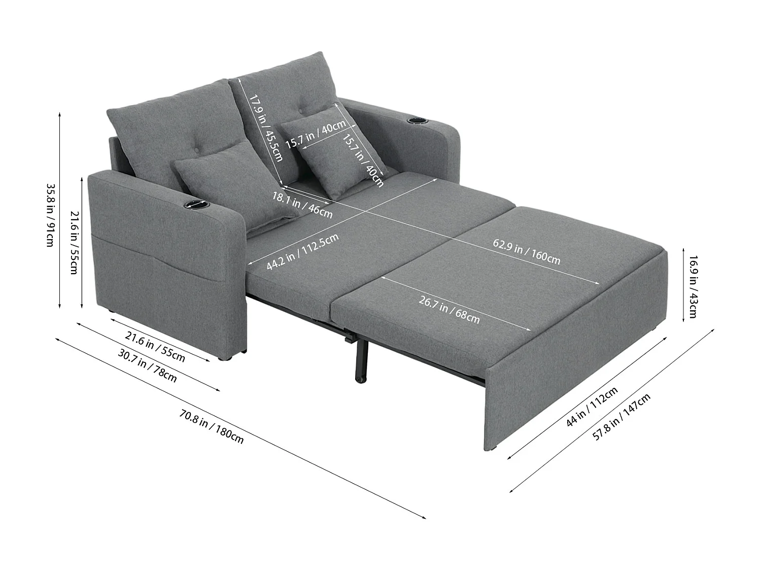 Grey Linen 2-Seater Sofa Bed with Cup Holders & Pillows