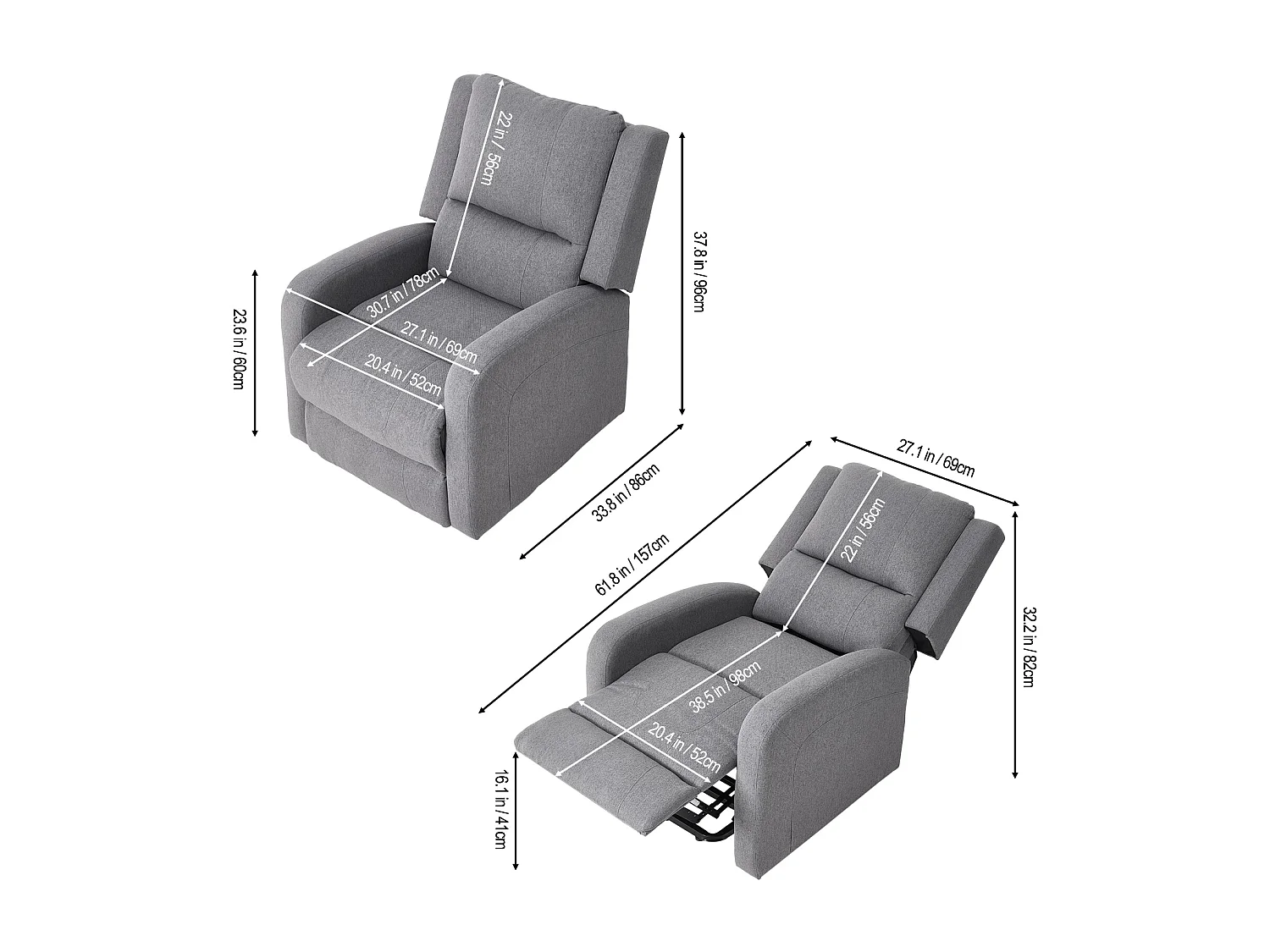 Grey Linen 8 Point Massage Recliner Armchair with Heat